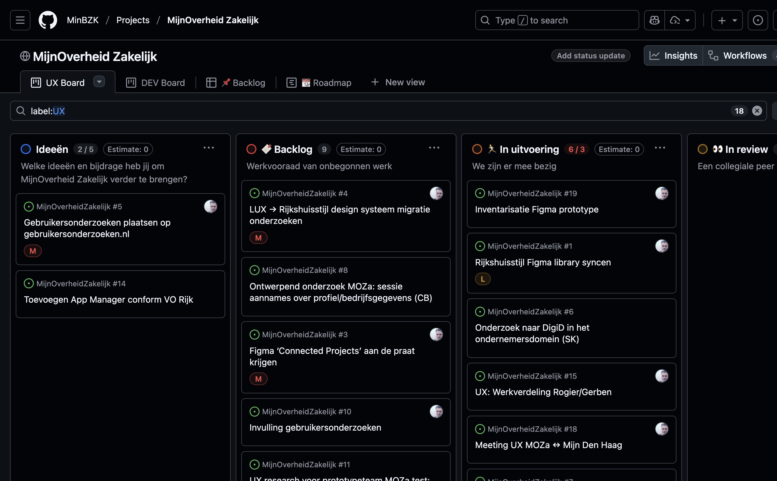 Project board MijnOverheid Zakelijk op GitHub